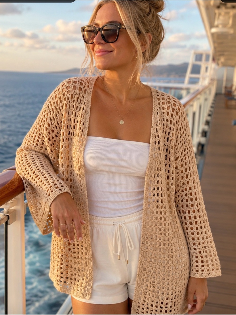 Open-Knit Crochet Cardigan Sweater in Beige
